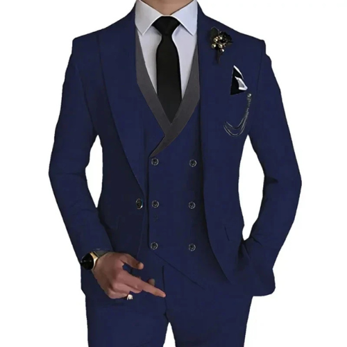 "Cambridge 3-delig slim fit pak heren: tijdloze, elegante set met blazer, vest en pantalon in luxe stretchstof."