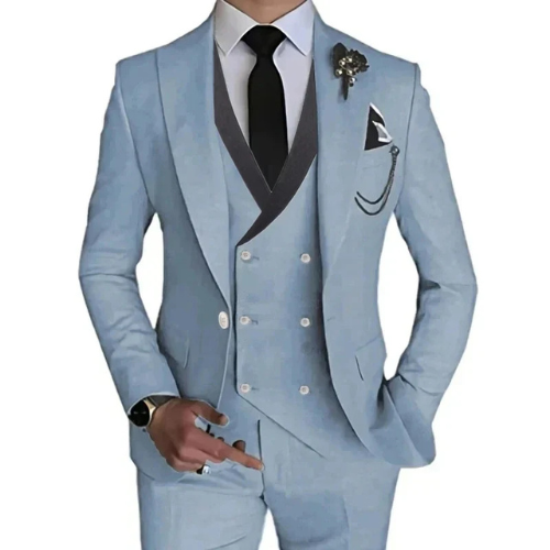 "Cambridge 3-delig slim fit pak heren: tijdloze, elegante set met blazer, vest en pantalon in luxe stretchstof."