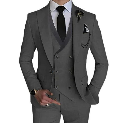 "Cambridge 3-delig slim fit pak heren: tijdloze, elegante set met blazer, vest en pantalon in luxe stretchstof."