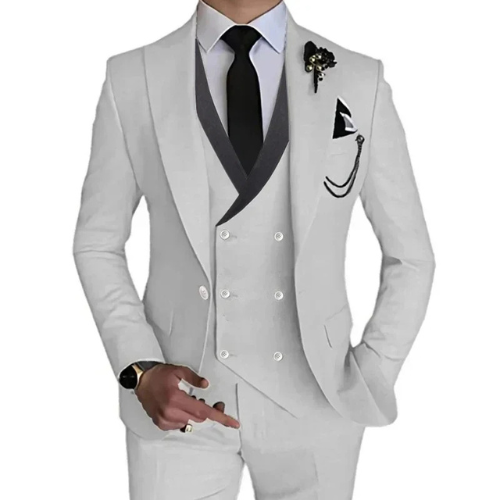 "Cambridge 3-delig slim fit pak heren: tijdloze, elegante set met blazer, vest en pantalon in luxe stretchstof."