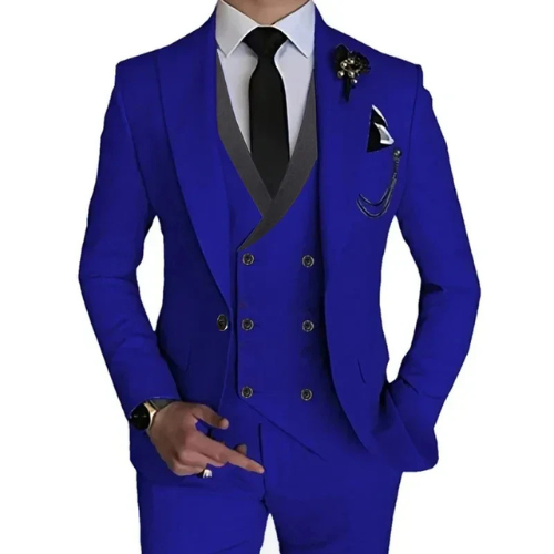 "Cambridge 3-delig slim fit pak heren: tijdloze, elegante set met blazer, vest en pantalon in luxe stretchstof."