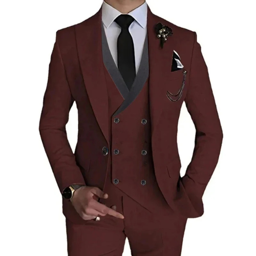 "Cambridge 3-delig slim fit pak heren: tijdloze, elegante set met blazer, vest en pantalon in luxe stretchstof."