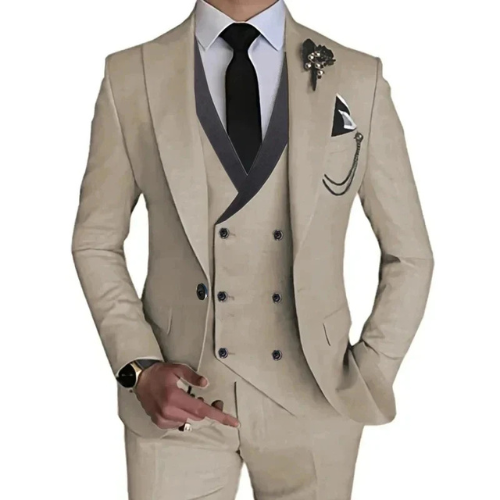 "Cambridge 3-delig slim fit pak heren: tijdloze, elegante set met blazer, vest en pantalon in luxe stretchstof."
