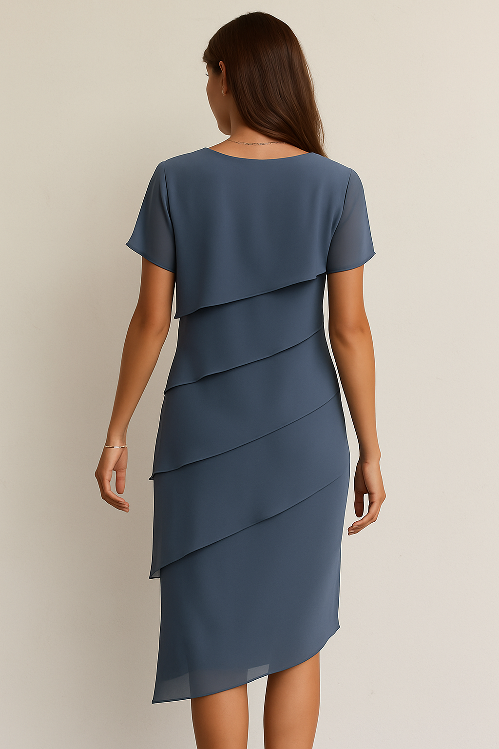 Chique gelaagde chiffon jurk in klassiek blauw, verfijnd ontwerp, elegante midi-jurk, luchtige en vloeiende pasvorm.