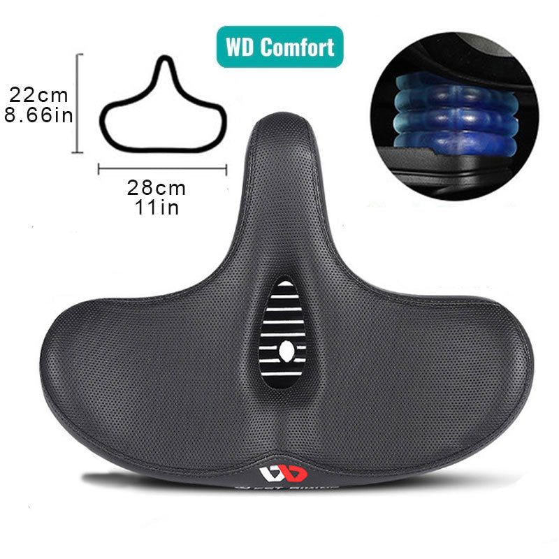 "Comfortabel fietszadel met extra brede zitting, ergonomisch design, ademende bekleding, schokabsorberend schuim."