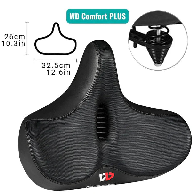 "Comfortabel fietszadel met extra brede zitting, ergonomisch design, ademende bekleding, schokabsorberend schuim."