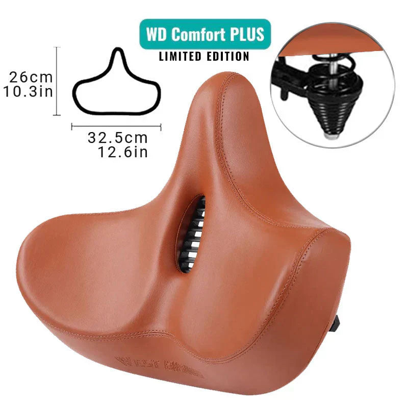 "Comfortabel fietszadel met extra brede zitting, ergonomisch design, ademende bekleding, schokabsorberend schuim."