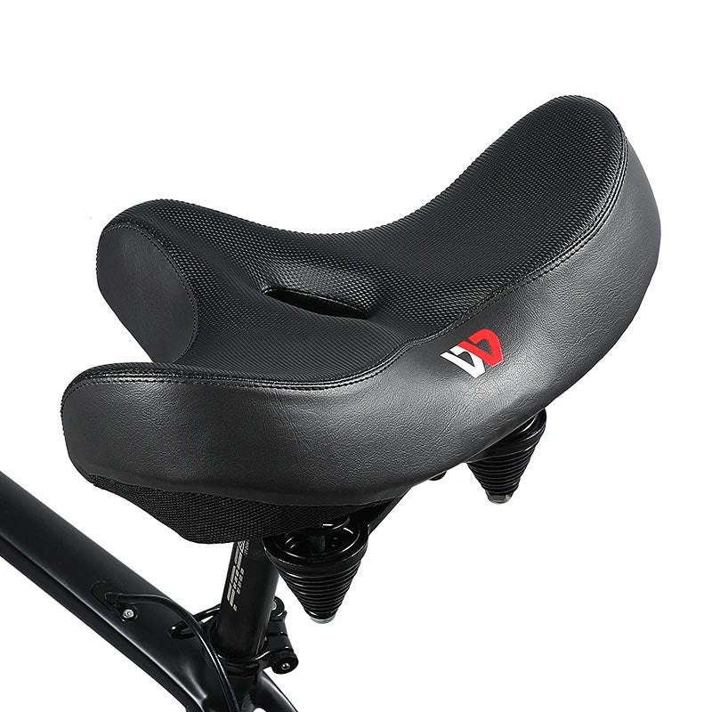 "Comfortabel fietszadel met extra brede zitting, ergonomisch design, ademende bekleding, schokabsorberend schuim."