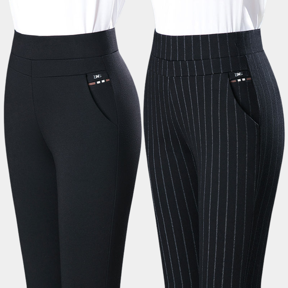 "Comfortabele dames stretchbroek, hoge taille, zwart met strepen, elastische stof voor een flatterend en stijlvol silhouet."
