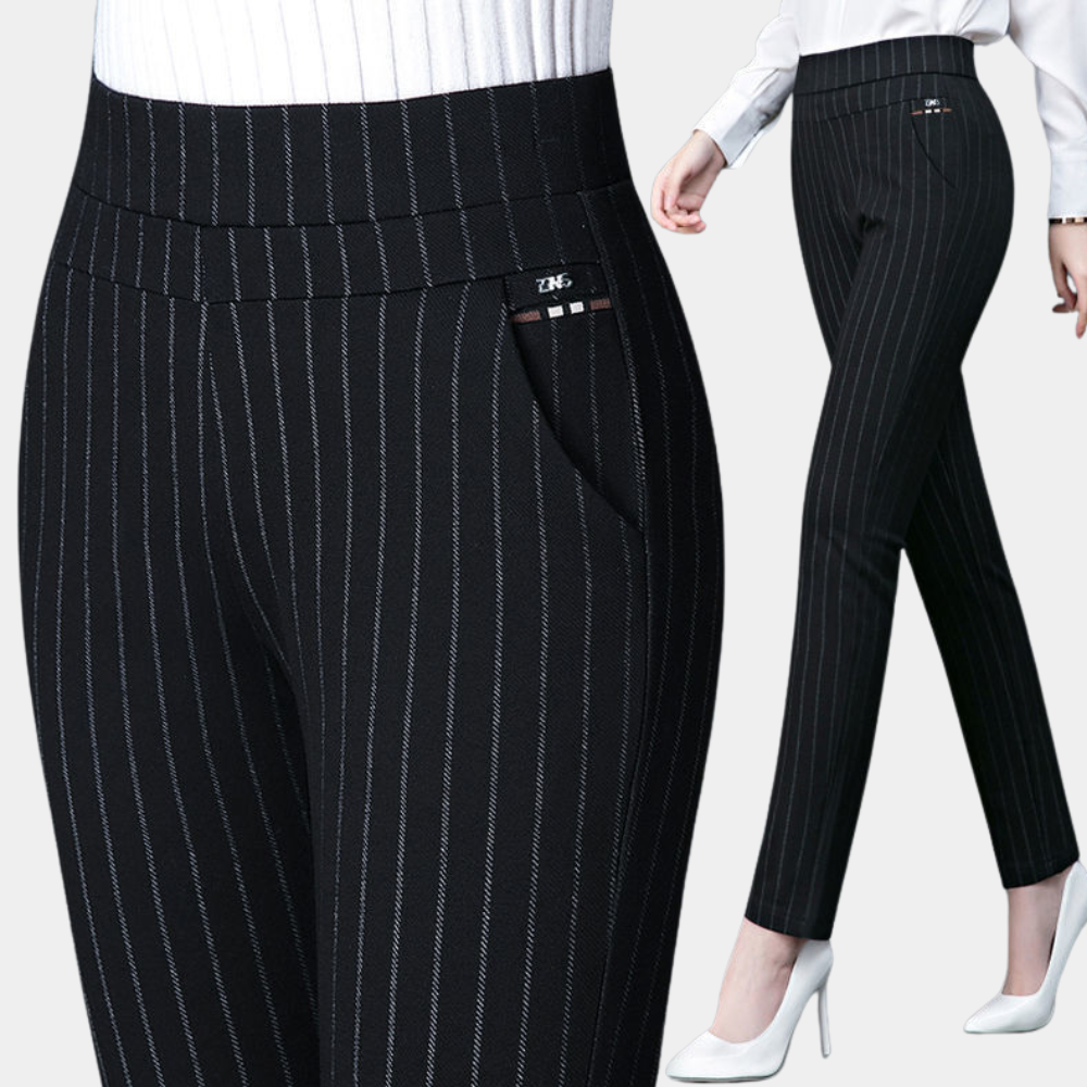 "Comfortabele dames stretchbroek, hoge taille, zwart met strepen, elastische stof voor een flatterend en stijlvol silhouet."
