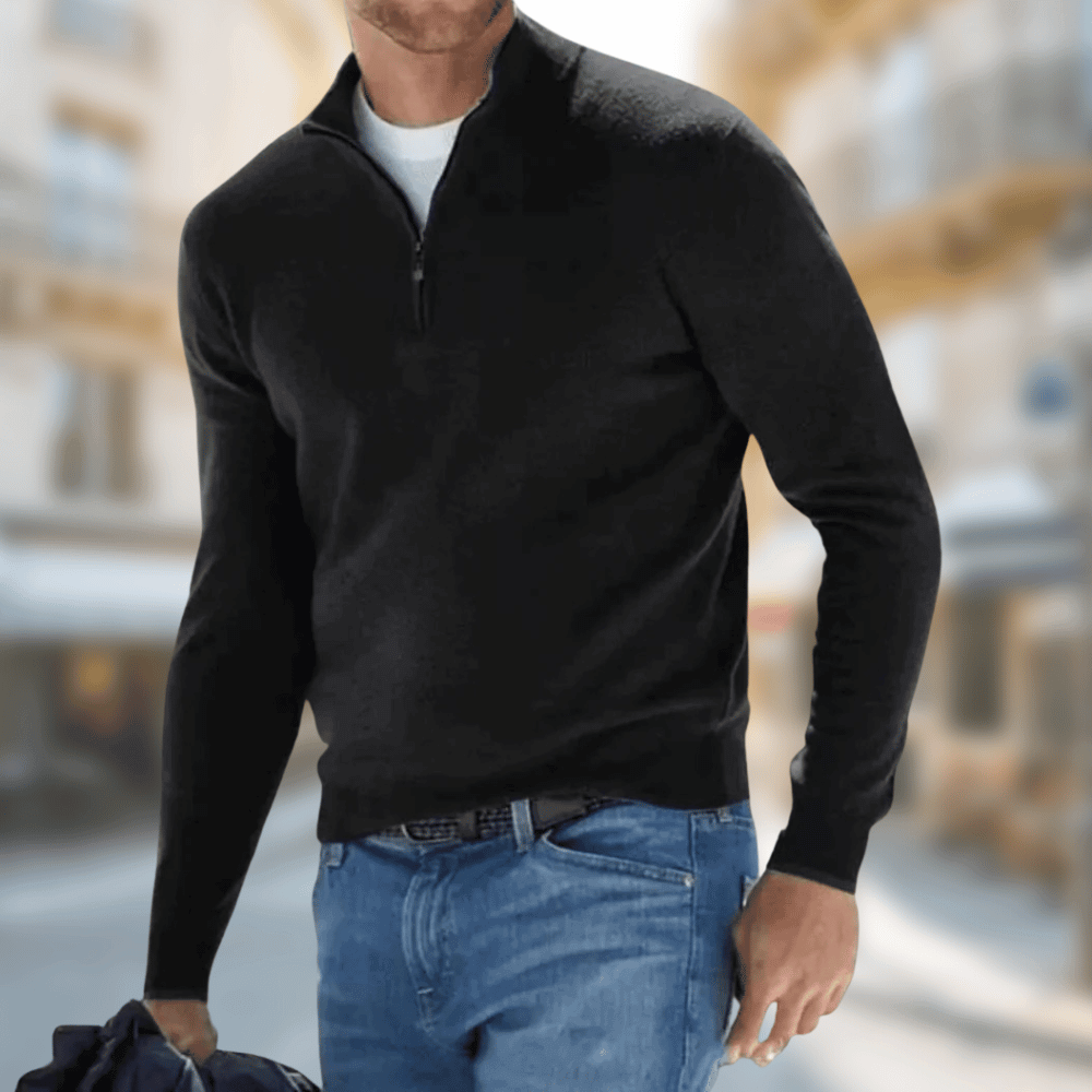 "Comfortabele half-zip herentrui in zachte wolmix met moderne stijl en ribboorden, ideaal voor casual en smart-casual looks."