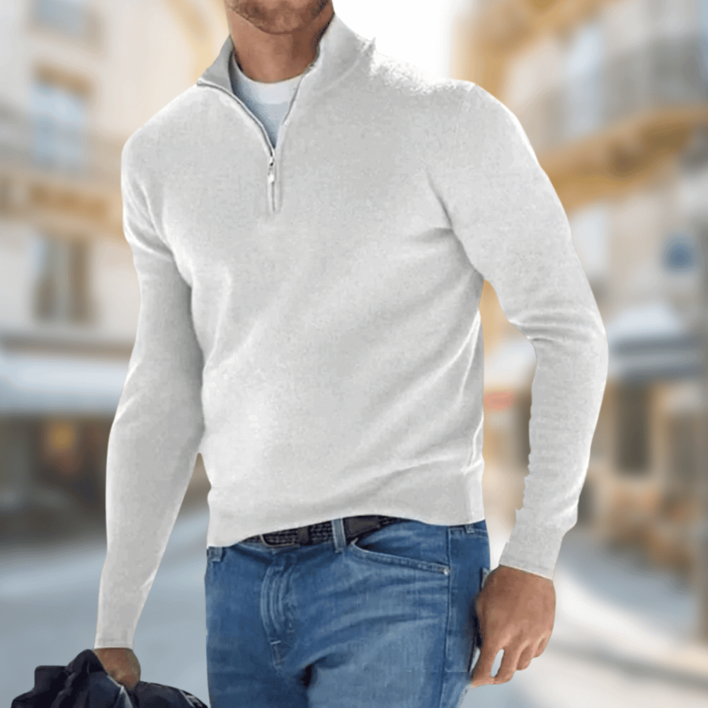 "Comfortabele half-zip herentrui in zachte wolmix met moderne stijl en ribboorden, ideaal voor casual en smart-casual looks."