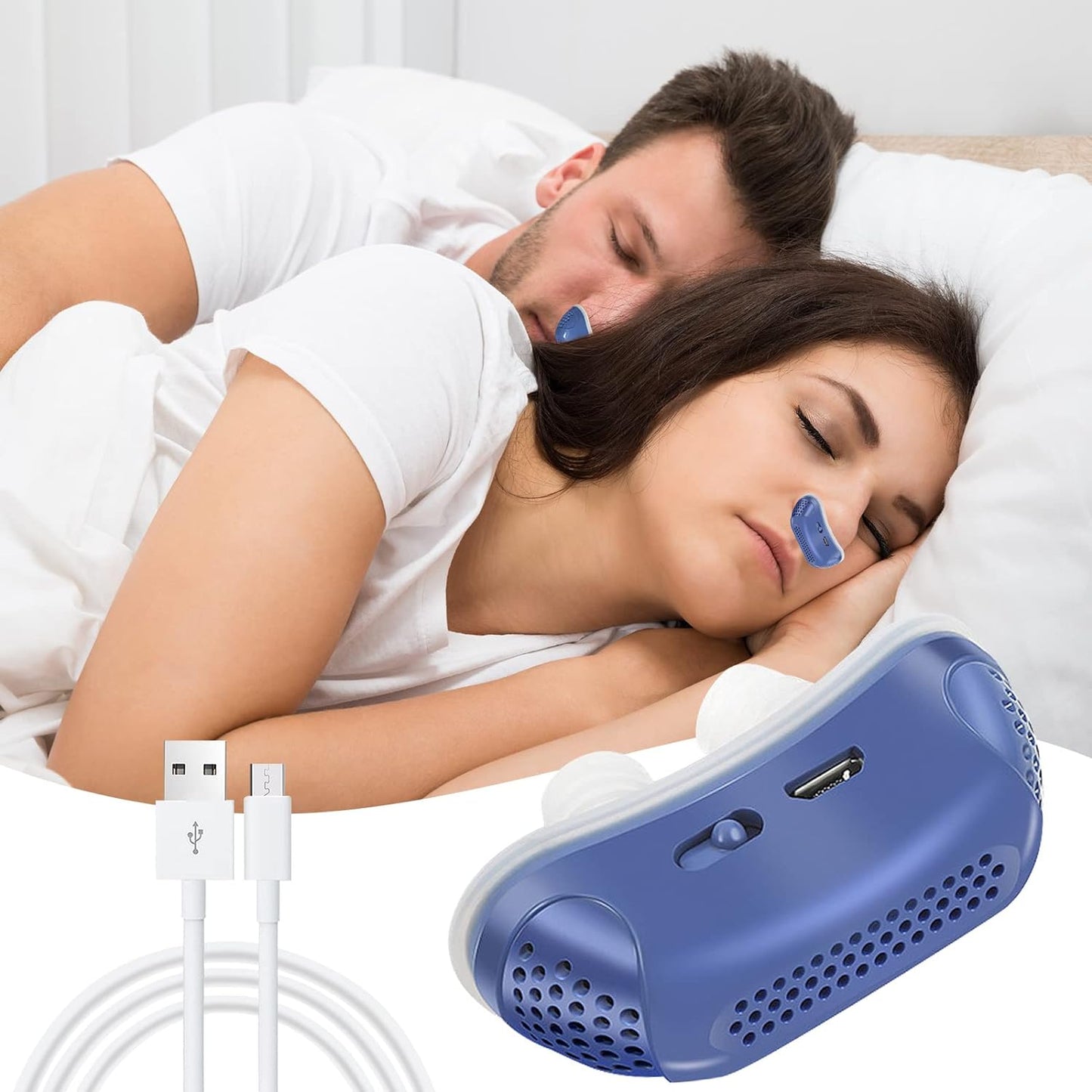 "Compact Micro CPAP-apparaat voor slaapapneu, blauw design, medisch siliconen, ideaal tegen snurken en voor onderweg."