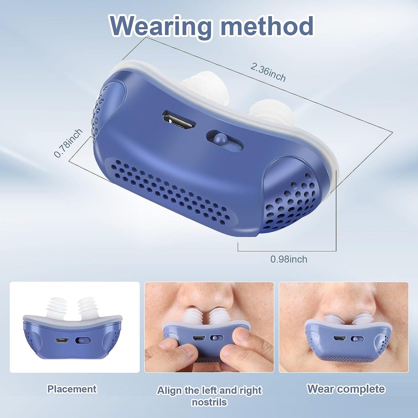 "Compact Micro CPAP-apparaat voor slaapapneu, blauw design, medisch siliconen, ideaal tegen snurken en voor onderweg."
