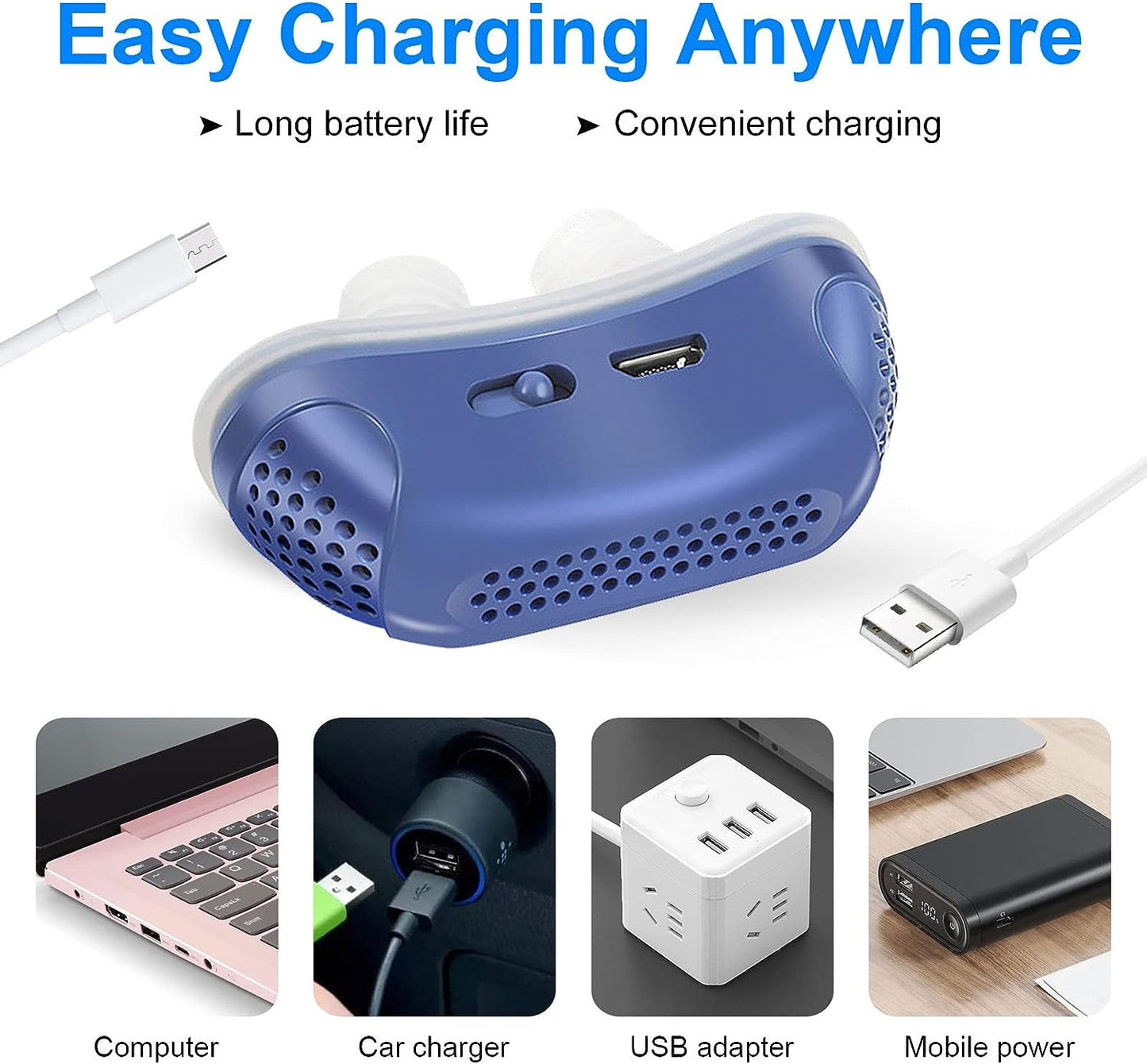 "Compact Micro CPAP-apparaat voor slaapapneu, blauw design, medisch siliconen, ideaal tegen snurken en voor onderweg."