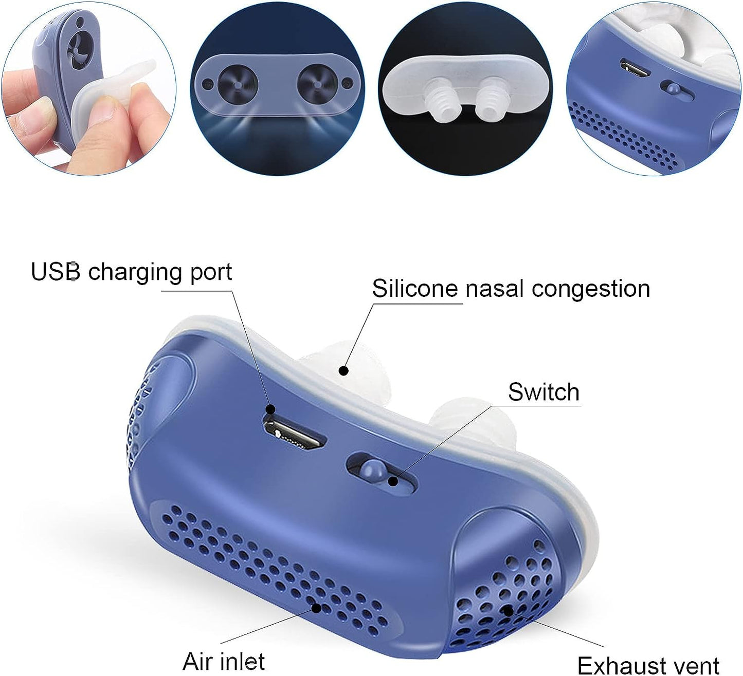 "Compact Micro CPAP-apparaat voor slaapapneu, blauw design, medisch siliconen, ideaal tegen snurken en voor onderweg."