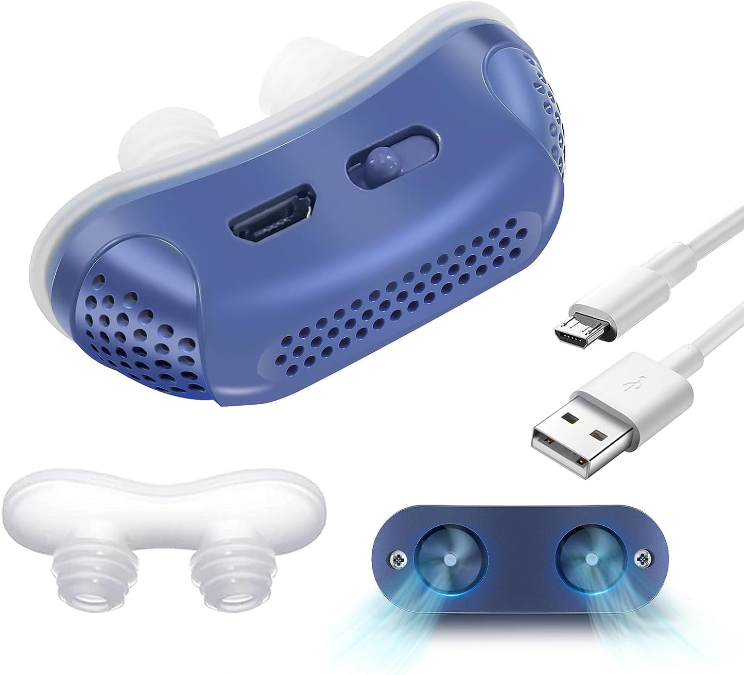 "Compact Micro CPAP-apparaat voor slaapapneu, blauw design, medisch siliconen, ideaal tegen snurken en voor onderweg."