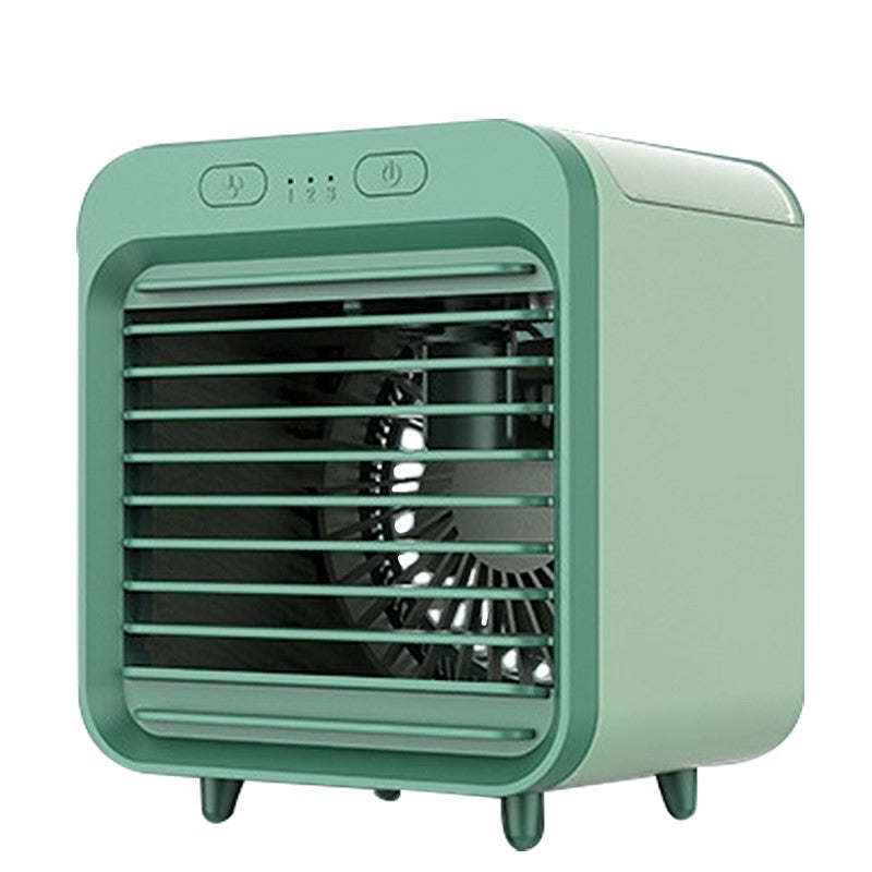 "Compacte airco 2-in-1 als luchtkoeler en bevochtiger, stijlvol design voor huis en kantoor, USB, met LED-verlichting."