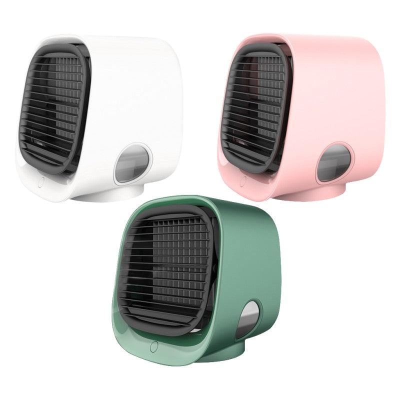 "Compacte airco 2-in-1 als luchtkoeler en bevochtiger, stijlvol design voor huis en kantoor, USB, met LED-verlichting."