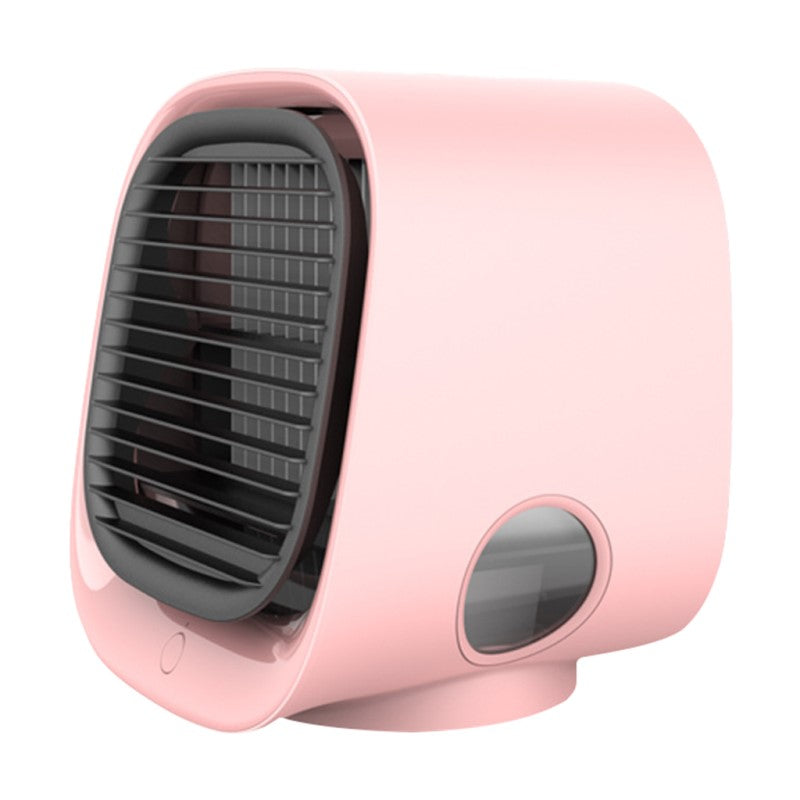 "Compacte airco 2-in-1 als luchtkoeler en bevochtiger, stijlvol design voor huis en kantoor, USB, met LED-verlichting."