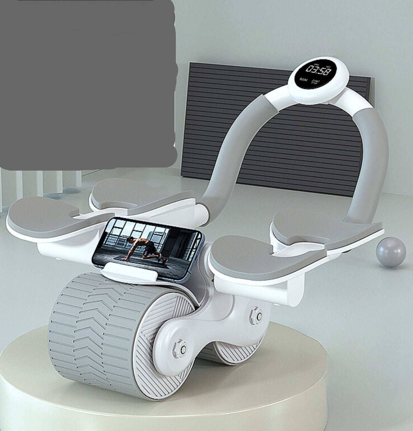 "Compacte buikspiertrainer met EVA-schuim handgrepen en automatische terugvering voor efficiënte core training thuis."