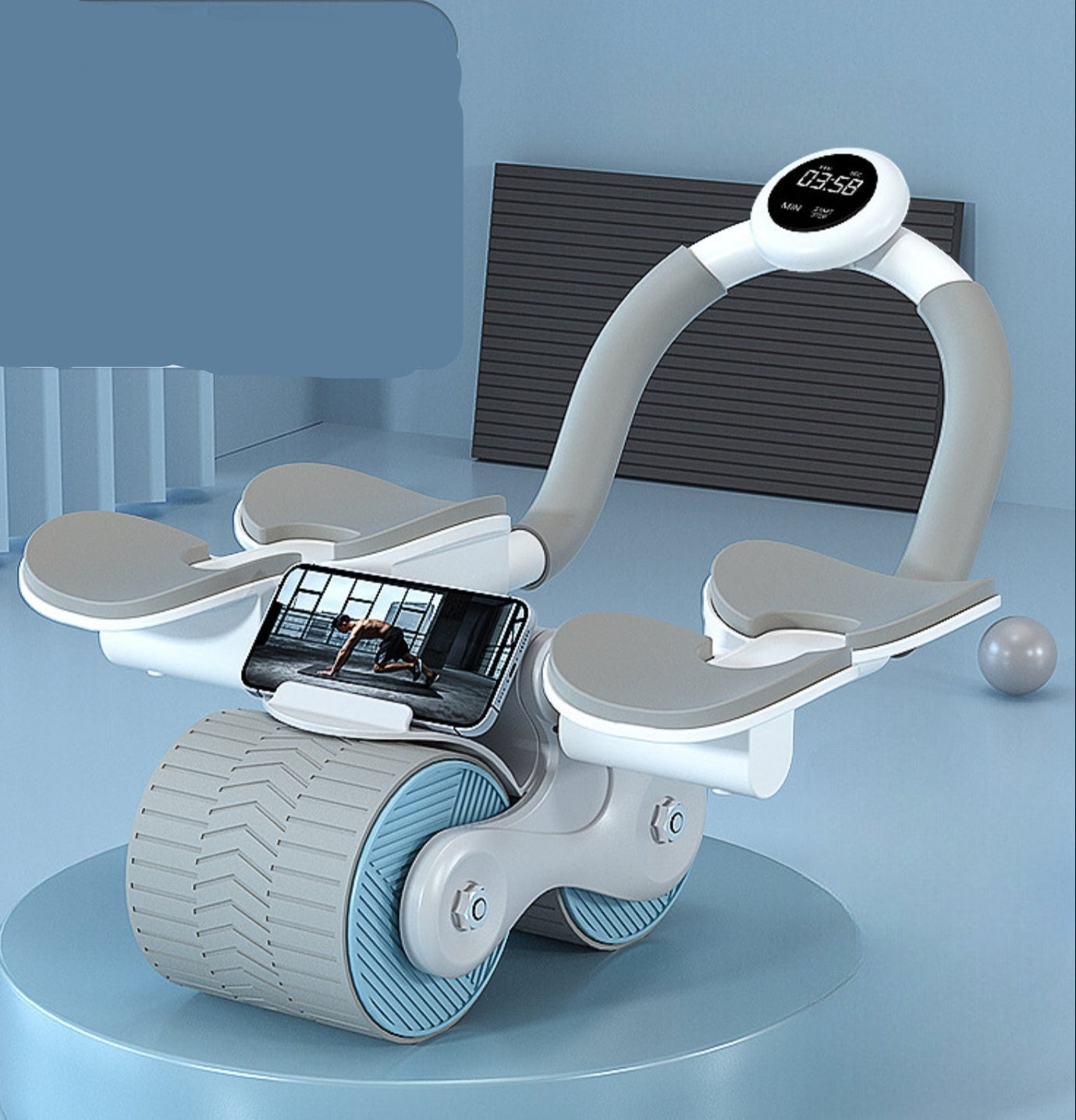 "Compacte buikspiertrainer met EVA-schuim handgrepen en automatische terugvering voor efficiënte core training thuis."