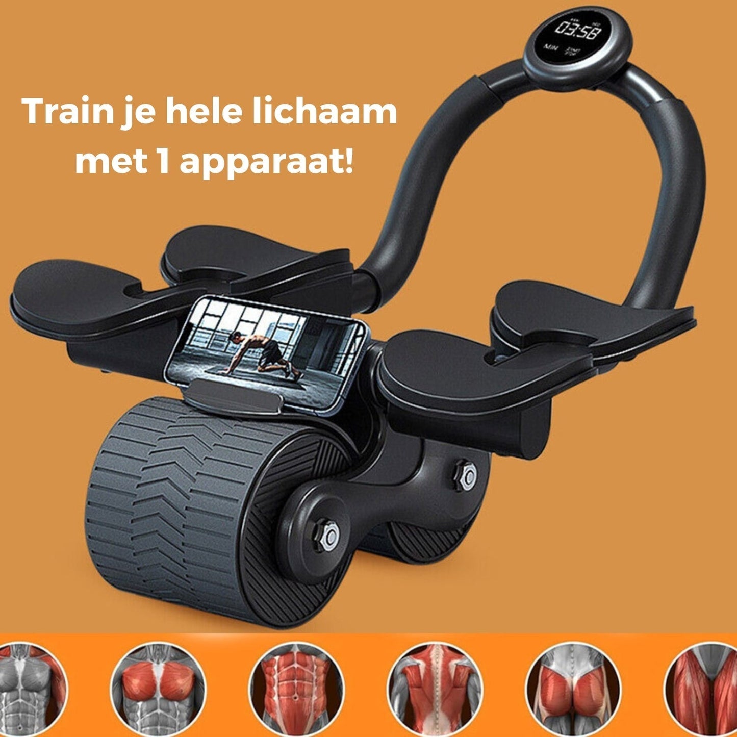 "Compacte buikspiertrainer met EVA-schuim handgrepen en automatische terugvering voor efficiënte core training thuis."