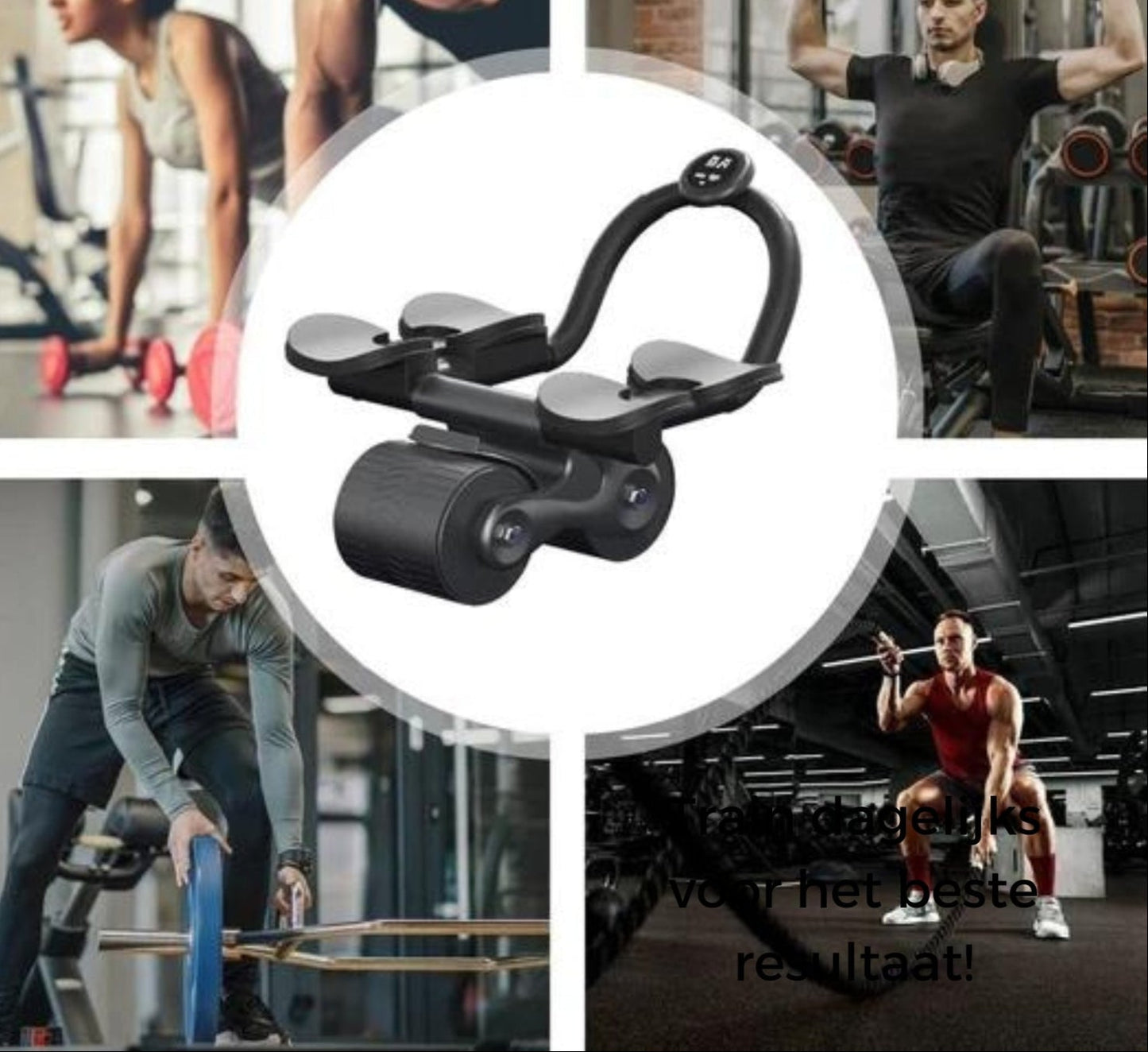 "Compacte buikspiertrainer met EVA-schuim handgrepen en automatische terugvering voor efficiënte core training thuis."