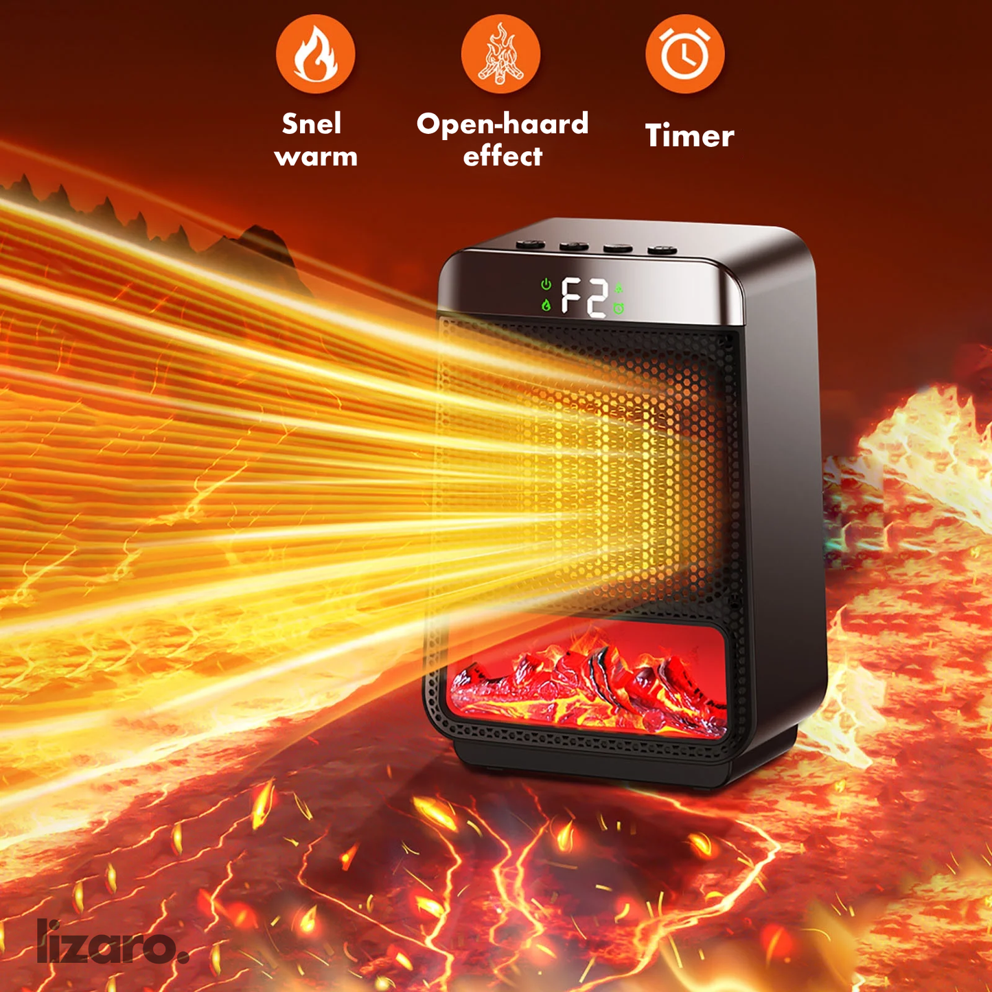 "Compacte energiezuinige elektrische kachel voor snelle, efficiënte verwarming van grote ruimtes met modern design."