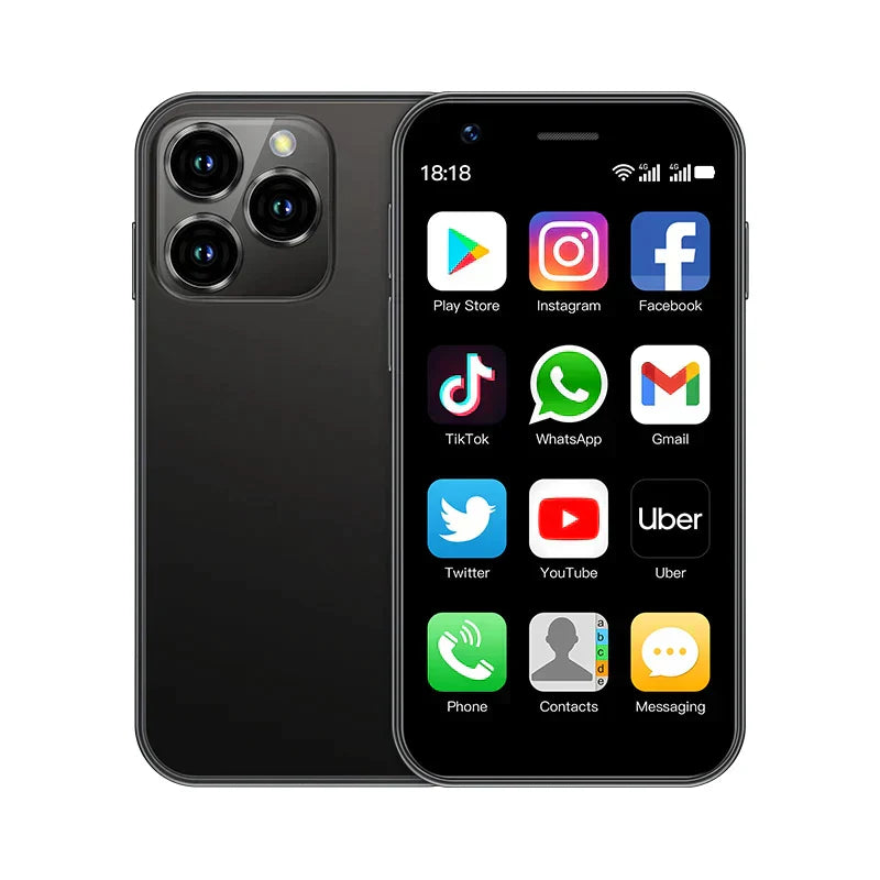 "Compacte mini smartphone 2023 met 3,0'' scherm, dual SIM, zwart. Krachtige functies in draagbaar ontwerp voor moderne mobili
