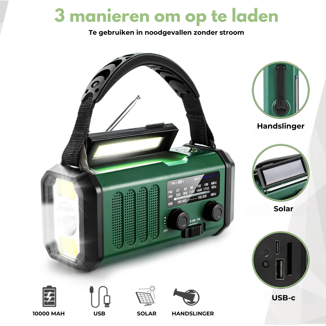 "Compacte noodradio met zonnepaneel, zwengelmogelijkheid, stevige behuizing en krachtige zaklamp. Ideaal voor noodsituaties."