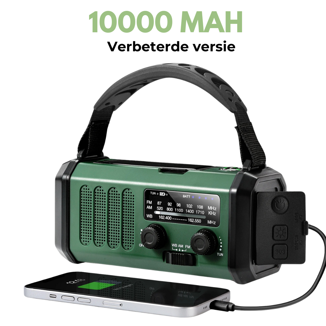 "Compacte noodradio met zonnepaneel, zwengelmogelijkheid, stevige behuizing en krachtige zaklamp. Ideaal voor noodsituaties."