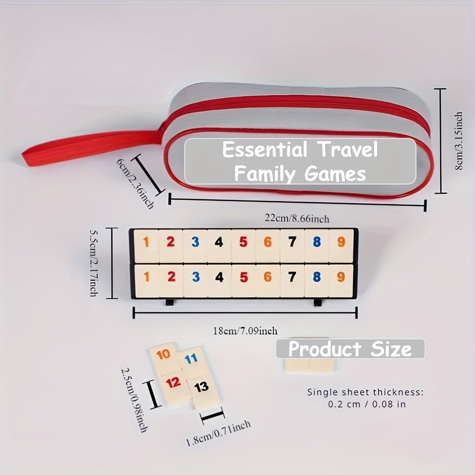 Compacte Rummikub Reisversie met kleurrijke tegels en opbergdoos, perfect voor gezinsplezier onderweg.