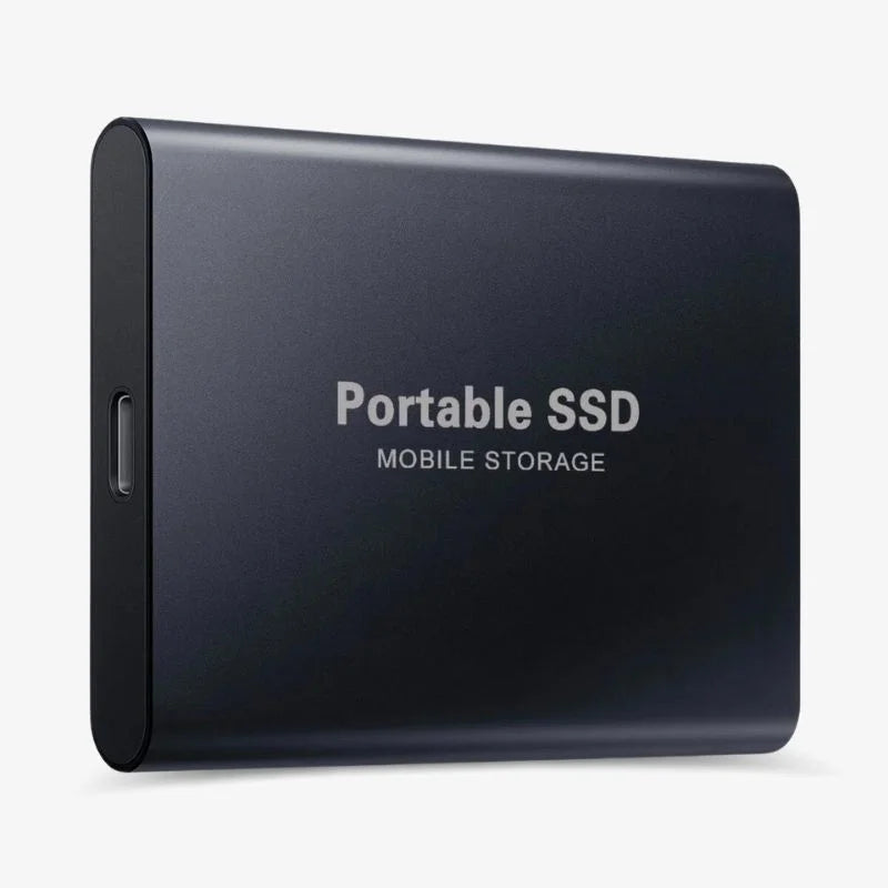"Compacte UltraDrive externe SSD met 16TB opslag, zilveren behuizing, USB-C compatibel, draagbaar en schokbestendig."