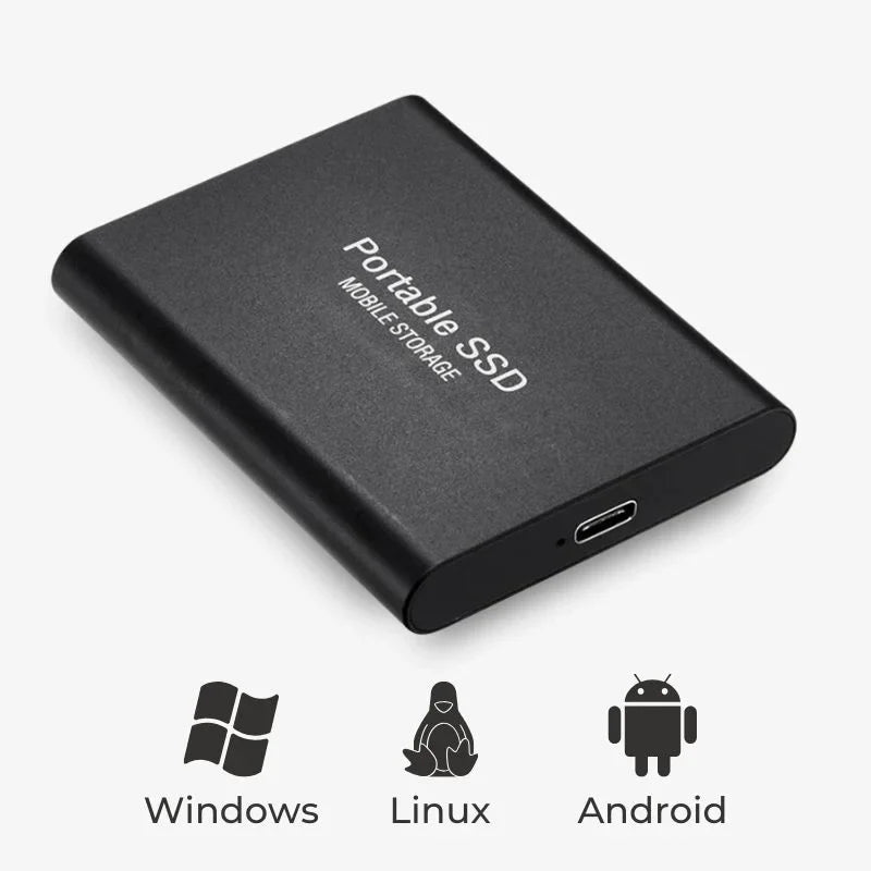 "Compacte UltraDrive externe SSD met 16TB opslag, zilveren behuizing, USB-C compatibel, draagbaar en schokbestendig."