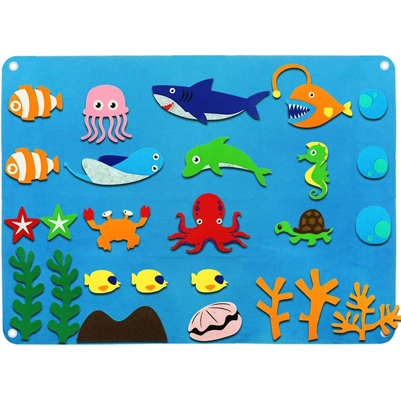 "Creatief peuter viltbord met dieren, waterwezens, boerderij en ruimte thema's. Perfect voor fantasievol spel."