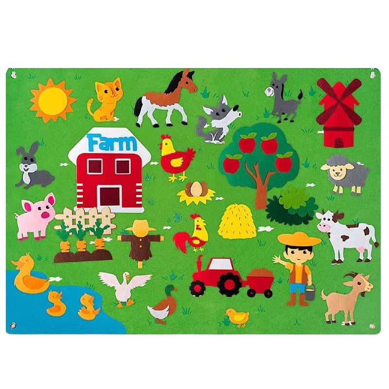 "Creatief peuter viltbord met dieren, waterwezens, boerderij en ruimte thema's. Perfect voor fantasievol spel."