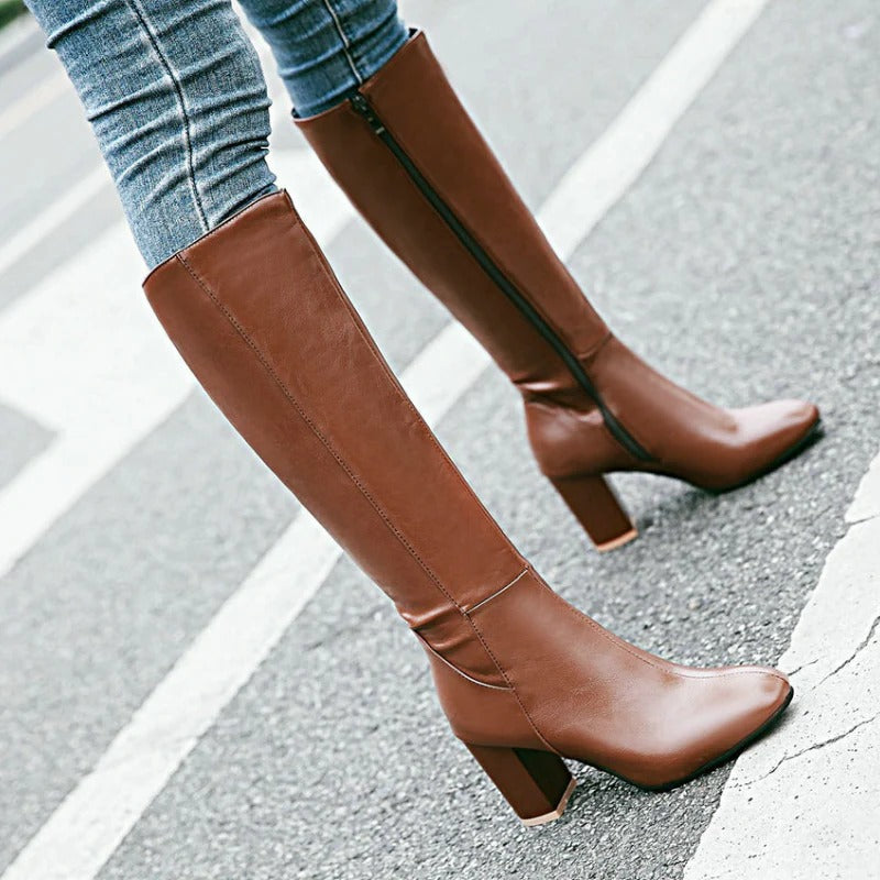 "Daisy dames kniehoge laarzen met hak, stijlvolle ritssluiting, zwarte elegante look voor dagelijks comfort en stabiliteit."