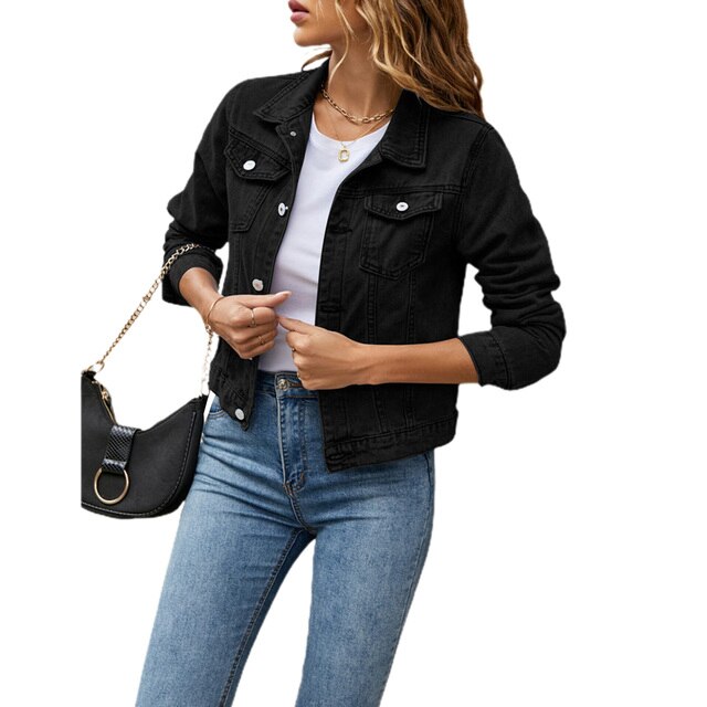 Dames denim kort jack, vooraanzicht; trendy, comfortabel en veelzijdig, ideaal voor elke outfit en gelegenheid.