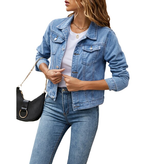 Dames denim kort jack, vooraanzicht; trendy, comfortabel en veelzijdig, ideaal voor elke outfit en gelegenheid.