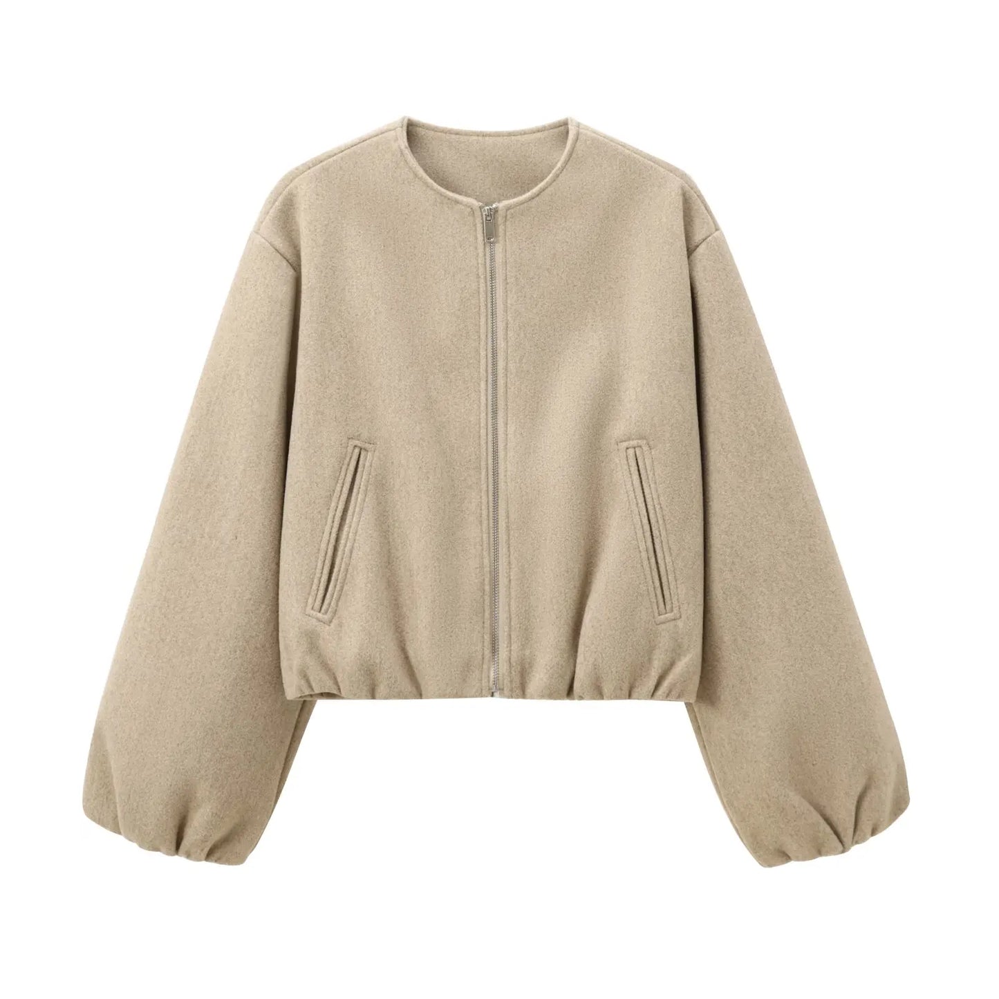 "Dames grijze bomberjas met ritssluiting, elastische tailleband en moderne oversized fit voor een stijlvolle casual look."