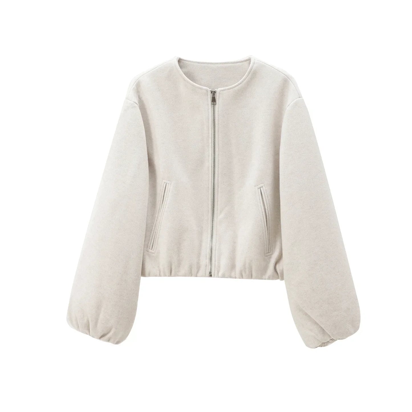 "Dames grijze bomberjas met ritssluiting, elastische tailleband en moderne oversized fit voor een stijlvolle casual look."