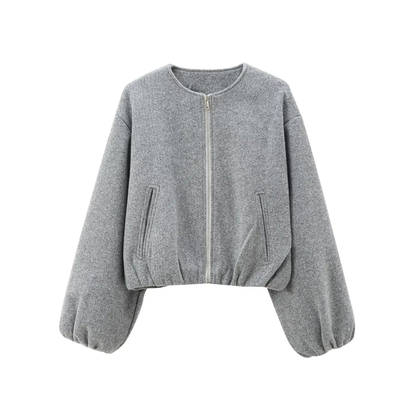 "Dames grijze bomberjas met ritssluiting, elastische tailleband en moderne oversized fit voor een stijlvolle casual look."
