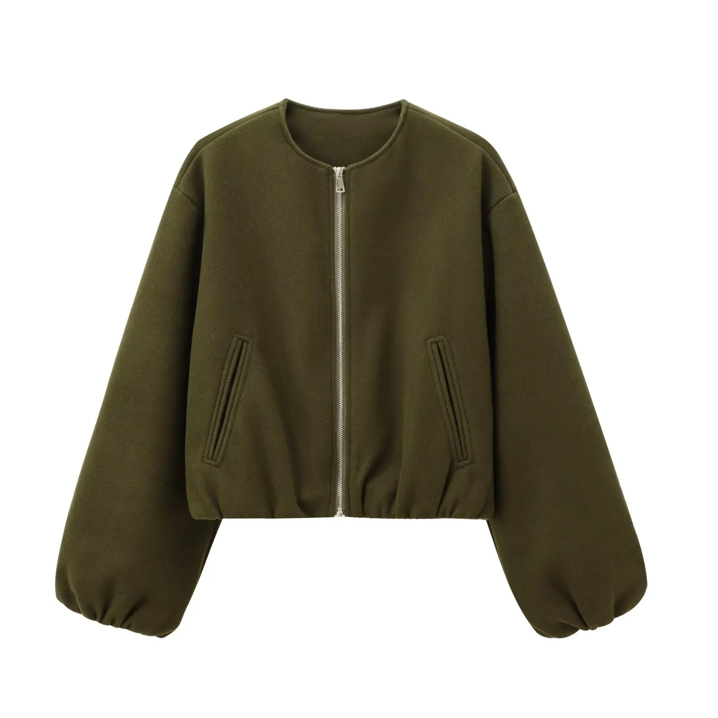 "Dames grijze bomberjas met ritssluiting, elastische tailleband en moderne oversized fit voor een stijlvolle casual look."