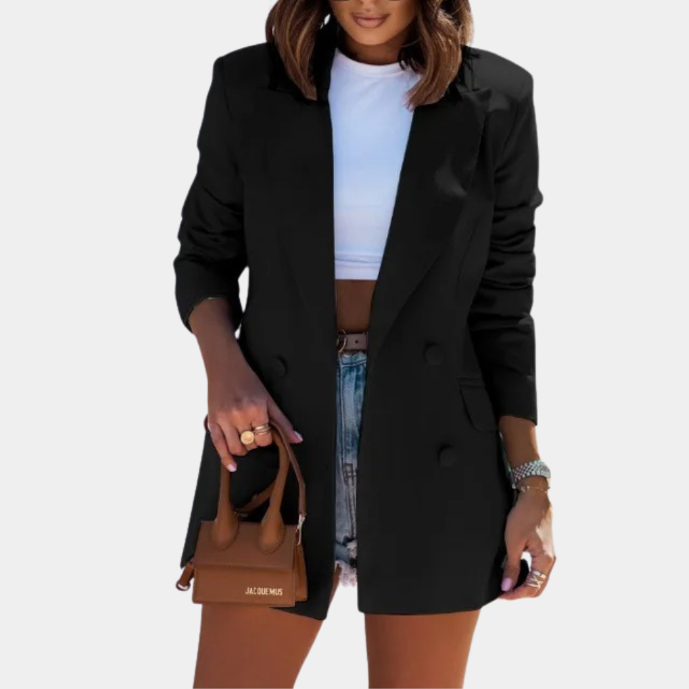 "Dames halflange zomerblazer in beige, zwart en roze, elegante stof, geschikt voor zakelijke en casual outfits."