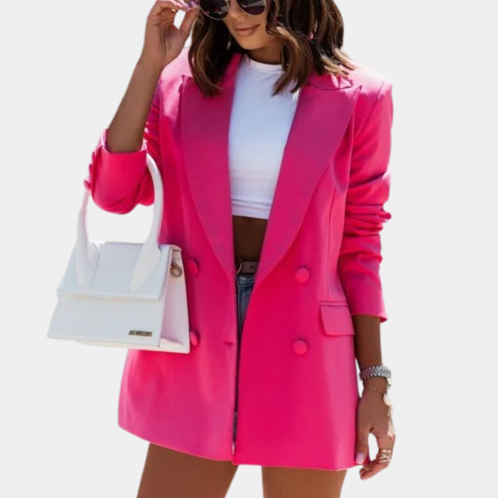 "Dames halflange zomerblazer in beige, zwart en roze, elegante stof, geschikt voor zakelijke en casual outfits."