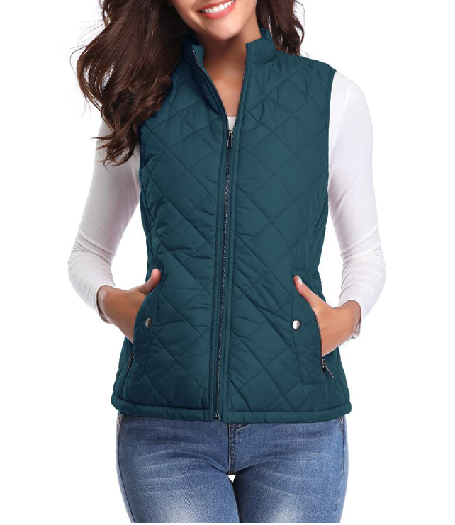 "Dames lichtgewicht gequilt ritsvest, stijlvol design met functionele zakken, perfect voor overgangsseizoenen."