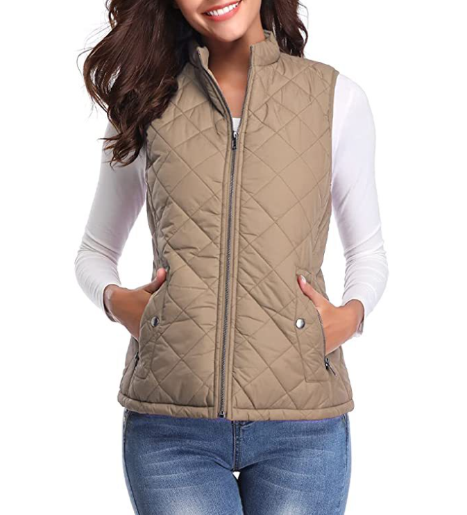 "Dames lichtgewicht gequilt ritsvest, stijlvol design met functionele zakken, perfect voor overgangsseizoenen."
