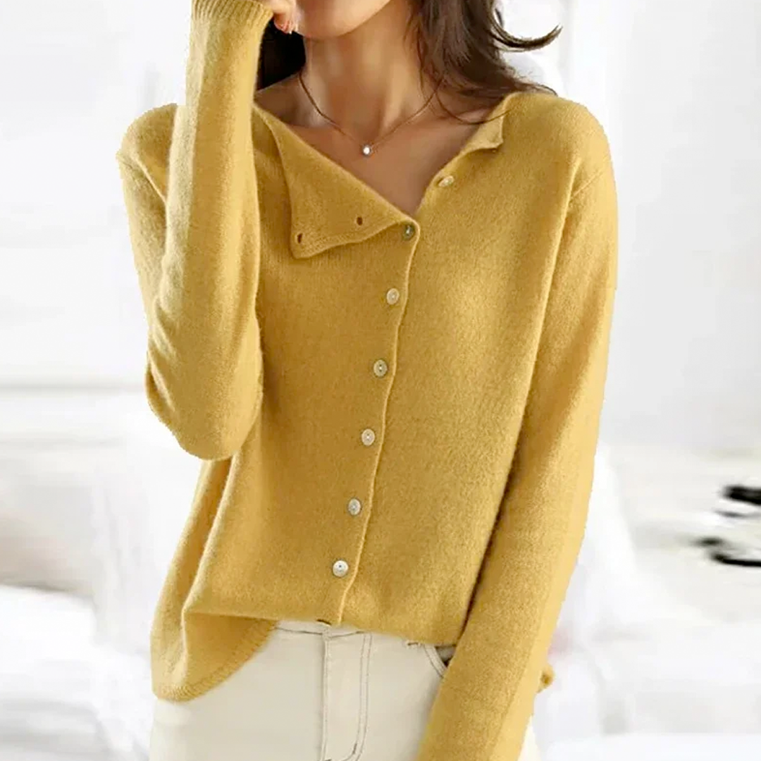 "Dames Luxe Kasjmier Pullover met Asymmetrische Knoopdetails, veelzijdig en modieus in stijlvolle kleuren, elegantie voor elk