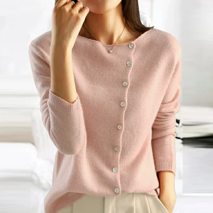 "Dames Luxe Kasjmier Pullover met Asymmetrische Knoopdetails, veelzijdig en modieus in stijlvolle kleuren, elegantie voor elk